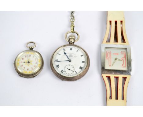 A hallmarked silver crown wind open face pocket watch with engine turned case and vacant cartouche, the white enamel dial ins