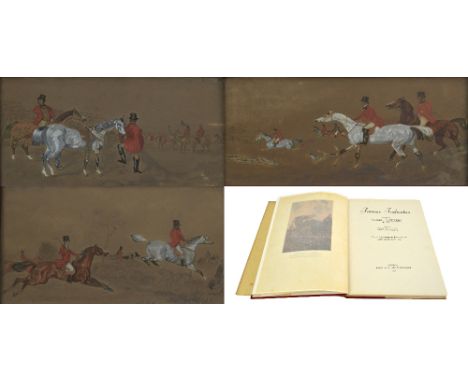 A set of three watercolour and pencil sketches, hunting scenes, 17.5 x 30.5cm, framed and glazed and a book: Edwards, Lionel;