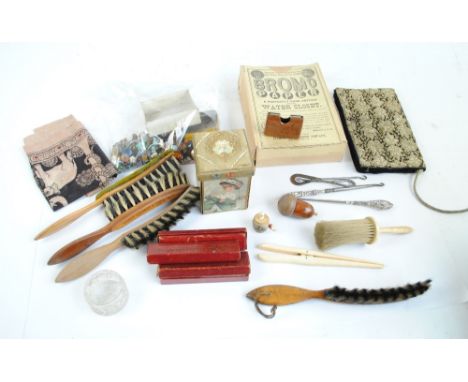 A mixed lot of various collectors' items including an early 20th century square section sewing box, a pair of ivory glove str