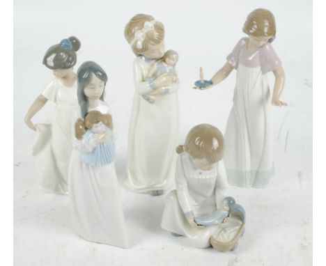 Five Nao figures to include three girls with dolls and a girl with a chamber stick, the tallest height 26.5cm (5).