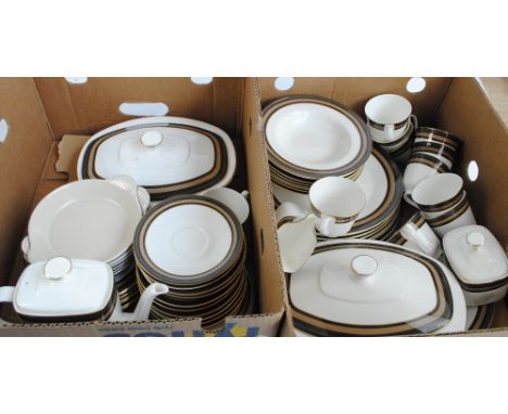 Royal Doulton 'Cadenza' pattern dinner ware including two tureens, shallow soup bowls, shallow plates, also tea cups and sauc