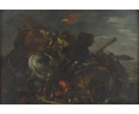 CIRCLE OF JAQUES COURTOIS; oil on copper, battle scene with soldiers on horseback, other figures fighting in the foreground, 