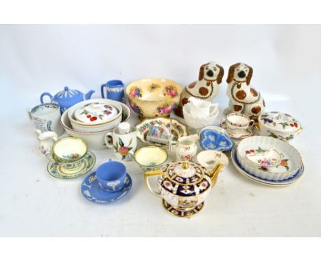 A group of mixed ceramics including Wedgwood blue jasperware cup, saucers, teapot and jug, a pair of Royal Worcester dishes a