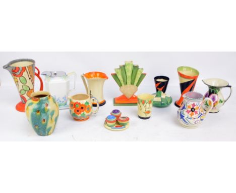 A collection of mixed ceramics including hand painted vases, jug and beaker by Myott Son & Co, a Carlton Ware four piece crue