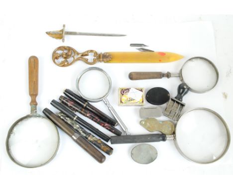 A quantity of collectors' items including four vintage fountain pens; Swan brown bodied, Swan green marbled example, Onoto pi