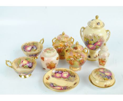 A small group of Aynsley fruit decorated items comprising an urn shaped vase, a trinket box, a pin dish and a pair of cups an