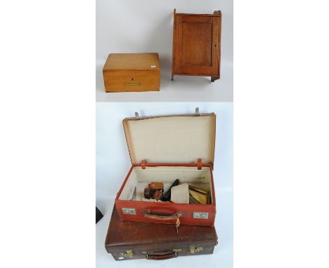 A quantity of collectors' items including a small oak wall cabinet, height 34cm, a pine stationery box with hinged lid, width