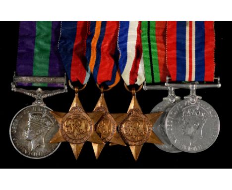 WWII attributed group of six, General Service Medal GVI, one clasp Palestine, 1939-1945 Star, Burma Star, France and Germany 