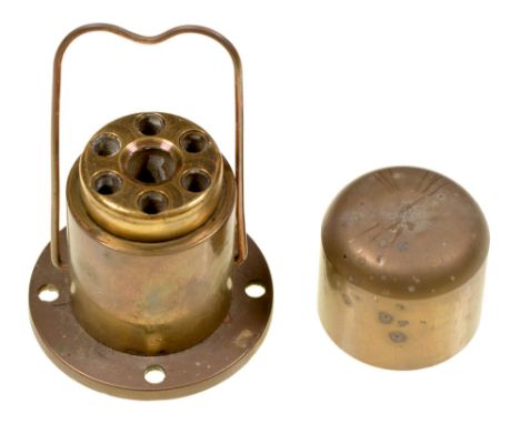 A British brass artillery friction tube holder, 19trh c, 85mm h, stamped R G W in an ellipse  Good condition