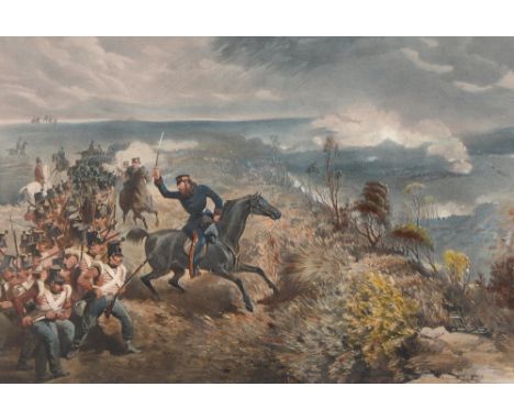 Crimean war. English School - Major General Sir Arthur Torrens and the 68th Durham Light Infantry at Inkermann, c1854, lithog