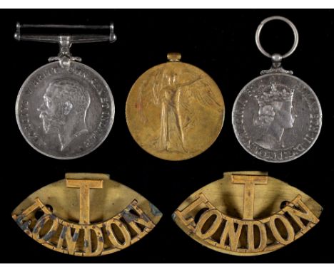 WWI pair British War Medal and Victory Medal 3005 Pte J Rust 8 Lond R, two brass shoulder titles and Imperial Service Medal Q