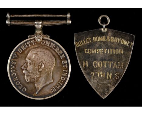 British War Medal 50911 Pte H Cottam N Staff R and a silver prize sporting watch fob shield, Poona Division Bullet, Bomb and 