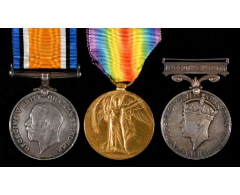 WWI pair British War Medal and Victory Medal 71031 Pte A E Hedges Durh L I and Army Long Service and Good Conduct Medal GVI r