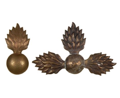 Crimean War relics. Two Russian brass grenadier pouch ornaments, 15.5cm l and smaller  Two limbs of the larger item broken of