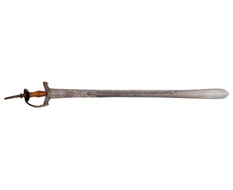 An Indian sword, khanda, early 19th c, the V shaped guard with chiselled and engraved langets, attenuated button, blade 85cm 