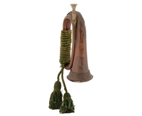 Notts &amp; Derby Regiment. A bugle, c1900, with contemporary regimental cords and knots  Dented from use