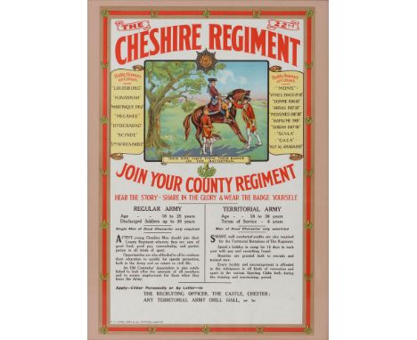 Pictorial Recruitment Poster. Cheshire Regiment, early 20th c, lithograph in colour by W H Evans Sons &amp; Co, Chester, 75 x