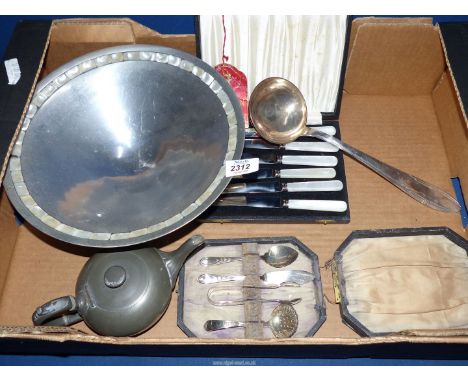 A quantity of metals including; James Dixon & Sons Pewter teapot, silver plated ladle, boxed Afternoon Tea cutlery set (jam s