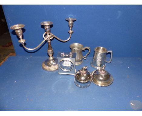 A Metamec Quartz Carriage clock in brushed metal finish together with a quantity of plate and pewter including candelabra, ta
