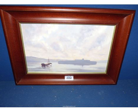 A framed Oil on board depicting Seascape with fishing boat, indistinctly signed lower right.