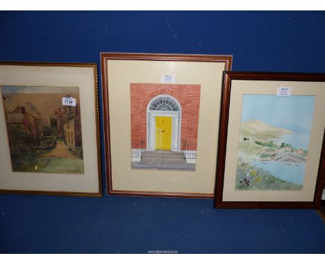 Three Watercolours to include; one by Beverly Burton, one of a yellow front door signed 'Eric Brown' and one of a seascape.