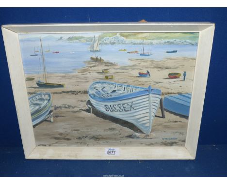 A framed Oil on board depicting a Seascape with moored boats on the shore, signed lower right Stuckey. 17 1/4" x 13 1/4"
