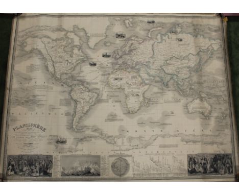 A 19TH CENTURY MAP OF THE WORLD - PLANISPHERE ILLUSTRÉ BY VUILLEMIN OF PARIS 1849, large map on linen 84.5 x 110.5 cm