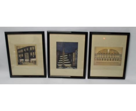 THREE FRAMED JOSEPH URBAN PRINTS from the Colombia University Collection, Bedell Store,  New York 1928, Reinhardt Theatre, Ne