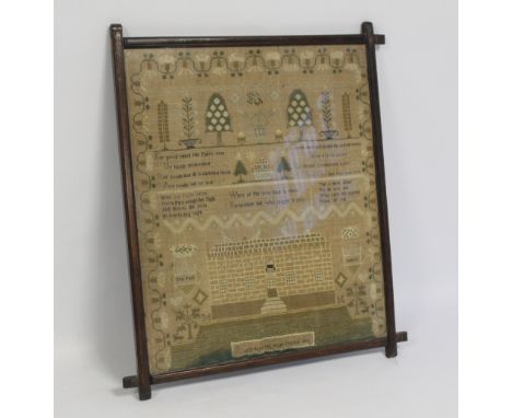 A LARGE SAMPLER, depicting a house with birds on the roof, various trees and shrubs and panels of verse, dated 1800, in an Ox