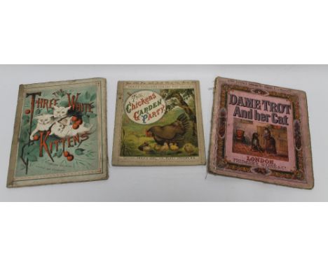 DEAN'S EMBOSSED CHROMO TOY BOOKS 'THE CHICKENS' GARDEN PARTY' (inscription on front dated 1879) together with Aunt Louisa's L