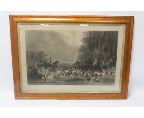 A FRAMED AND GLAZED ENGRAVING DEPICTING A HUNTING SCENE TITLED 'THE MEET AT BLAGDON' ENGRAVED BY THOMAS LUPTON