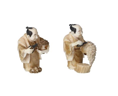 Lot of two netsuke, 1) ivory, standing man trimming a hanging plant. Signed Kunimitsu. H. 5.5 cm. 2) ivory, standing man taki