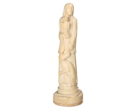 Johan Coenraad Altorf (1876-1955)A carved ivory sculpture depicting Jacoba van Beieren with falcon and hunting dog. With mono