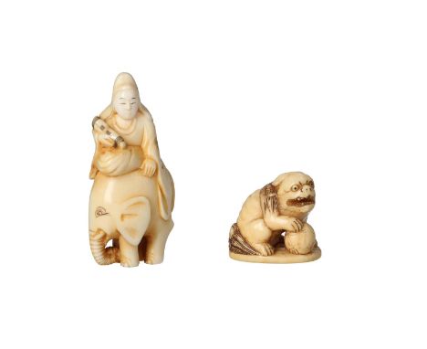 Lot of two netsuke, 1) ivory, woman on elephant back with scroll (incarnation of Fugen Bosatsu). Signed Tohru. H. 6.5 cm. 2) 