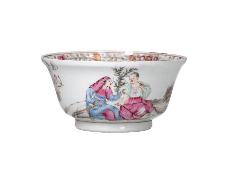 A famille rose Chine de commande porcelain bowl, decorated with flowers and Cupid aiming his arrow at a couple in a landscape