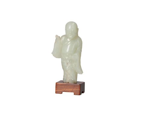 A russet jade sculpture of a priest with raised hand, on wooden base. China, 19th century.H. excl. base 10.5 cm.Condition Rep