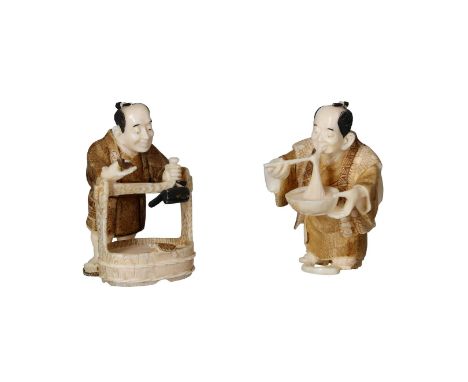 Lot of two netsuke, 1) Ivory, standing eating figure with a bowl of noodles. Signed Kunimitsu. H. 5 cm. 2) Ivory, a man smoki