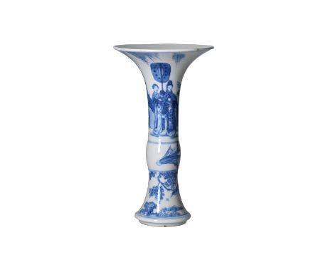 A blue and white porcelain Gu shaped vase, decorated with court ladies in a garden, leaves and a bird. Unmarked. China, Kangx