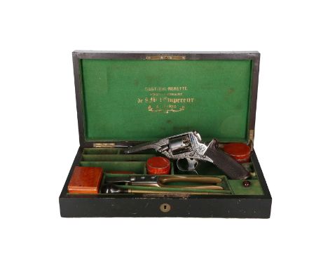 A cased Tranter patent Percussion revolver. 1855/65 Barrel and case with address P. Gastinne Renette arq. De l’ Empereur à Pa