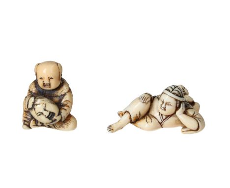 Lot of two netsuke, 1) walrus tooth, seated karako with okame mask in his hands. H. 4 cm. 2) ivory, Yamauba and Kintoki, lyin