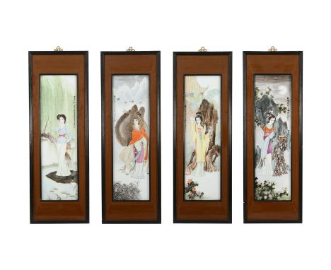 Fu Yaosheng (1936-2003)A set of four polychrome porcelain plaques in a wooden frame. Each panel depicts one of the four famou