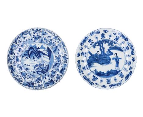 A blue and white porcelain dish with scalloped rim, decorated with ladies in a garden and flowers. Marked with 6-character ma
