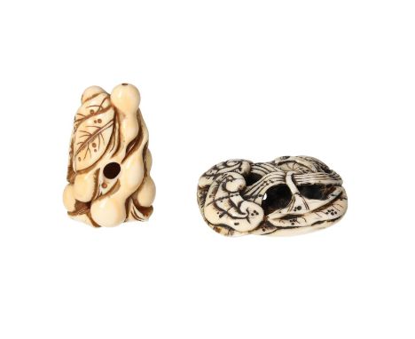 Lot of two netsuke/okimono, 1) ivory, depicting gourds and creeper. H. 4.5 cm. 2) walrus tooth, manju shape with an image in 