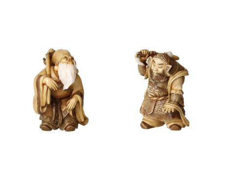 Lot of two netsuke, 1) ivory, walking figure with sword over shoulder. Signed. H. 4.5 cm. 2) ivory, up-looking figure with wh