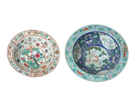 A polychrome porcelain bowl, decorated with figures around a table in a garden, butterflies, flowers, fruits and bats. Unmark