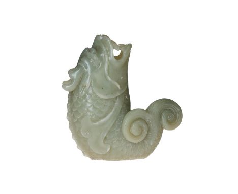 A serpentine jade brush pot in the shape of a carp. China, 20th century.H. 14 cm.Condition Report: http://www.zeeuwsveilinghu