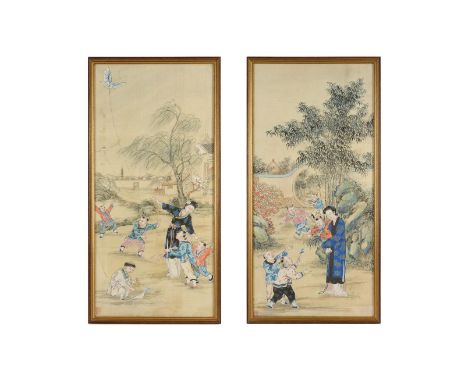 Two matching paintings in which children play and fly a kite in a walled garden. Signed lower left with seal mark Wang Cheng 