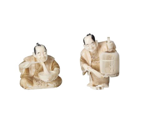 Lot of two netsuke, 1) ivory, eating figure in lotus position with a bowl of noodles. Signed Kunimitsu. H. 3.5 cm. 2) ivory, 