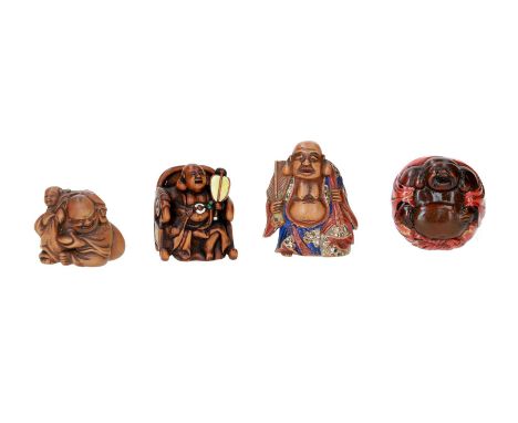 Lot of four netsuke, 1) painted wood, standing Hotei. Signed Shuzan. H. 4.5 cm. 2) wood and red lacquer, Hotei holding his be