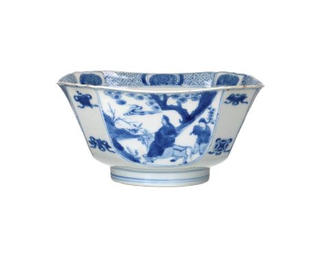 An octagonal blue and white porcelain bowl, decorated with censers and reserves depicting figures in a garden. Marked with 6-